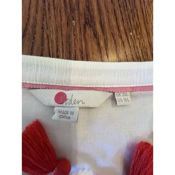 Boden Marla Embroidered Dress Womens 16 L White Gauze Midi Boho Tassels Beach - Picture 3 of 16